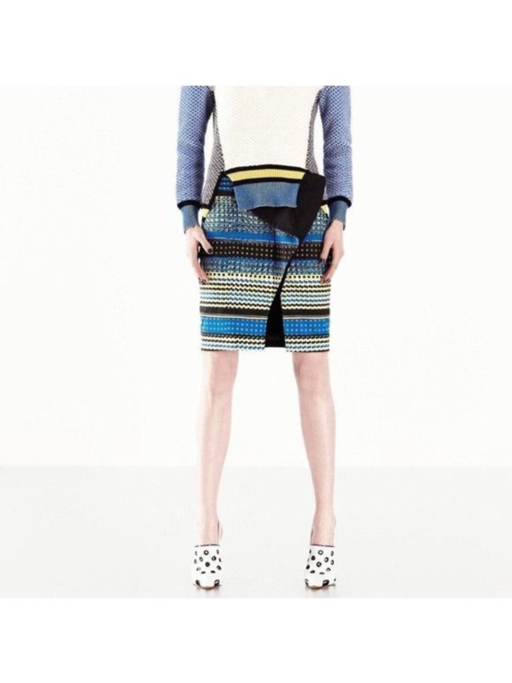 Prabal Gurung Blue Black Yellow Layered Front Patterned Pencil Skirt